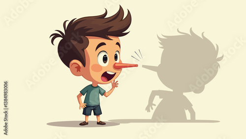 Cartoon Boy with Exaggerated Long Nose Shadow Casting Lies, Illustrating Deception and Dishonesty, Conceptual Vector Art for Children's Literature & Storytelling Resources