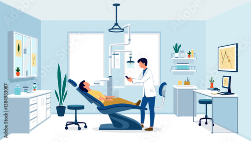 Bright Dental Clinic Vector: Dentist Examining Patient in Modern Office. Clean Interior, Medical Equipment & Computer for Consultation. Professional Healthcare Illustration.