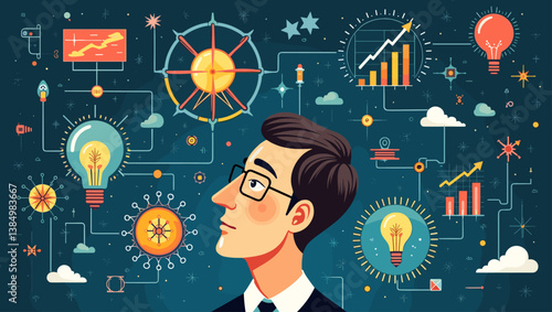 Innovation Mindset: Creative Thinker with Idea Lightbulbs, Data Charts, and Future Tech Connections in a Vivid Vector Graphic (Business, Brainstorming, Strategy, AI)