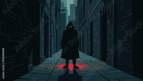Shadowy Figure in Dark Alley Vector Illustration: Mysterious Cloaked Man with Glowing Eyes, Secret Agent in Urban Setting, Conspiracy Concept, Espionage Scene