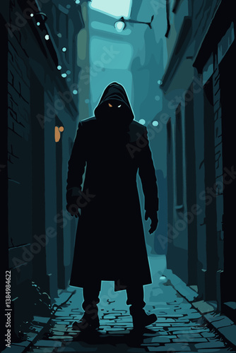 Mysterious Figure in Shadowy Alleyway Vector Illustration: Hooded Silhouette, Gritty Urban Scene, Suspenseful Mood, Perfect for Thriller Designs and Noir Projects