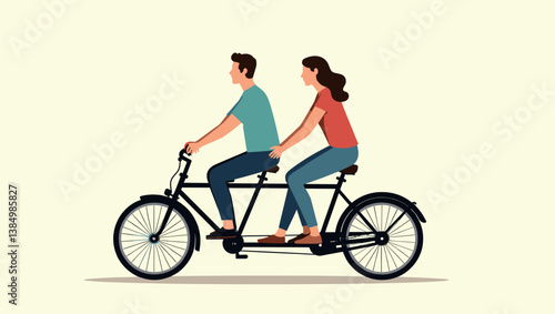 Cheerful Couple Enjoying a Fun Tandem Bike Ride: Vector Illustration of Two People Cycling Together, Emphasizing Teamwork, Healthy Lifestyle, and Happy Relationships