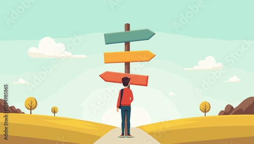 Crossroads of Choice: Young Man Contemplates Future at Directional Signpost, Navigating Career Decisions on Country Road - Vector Illustration for Guidance, Success, and Opportunity