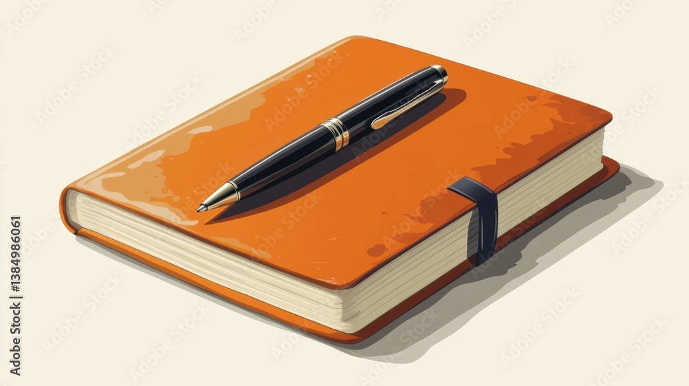 vector cartoon of a notebook with cover image of pen with magic effect, isolated clear white background