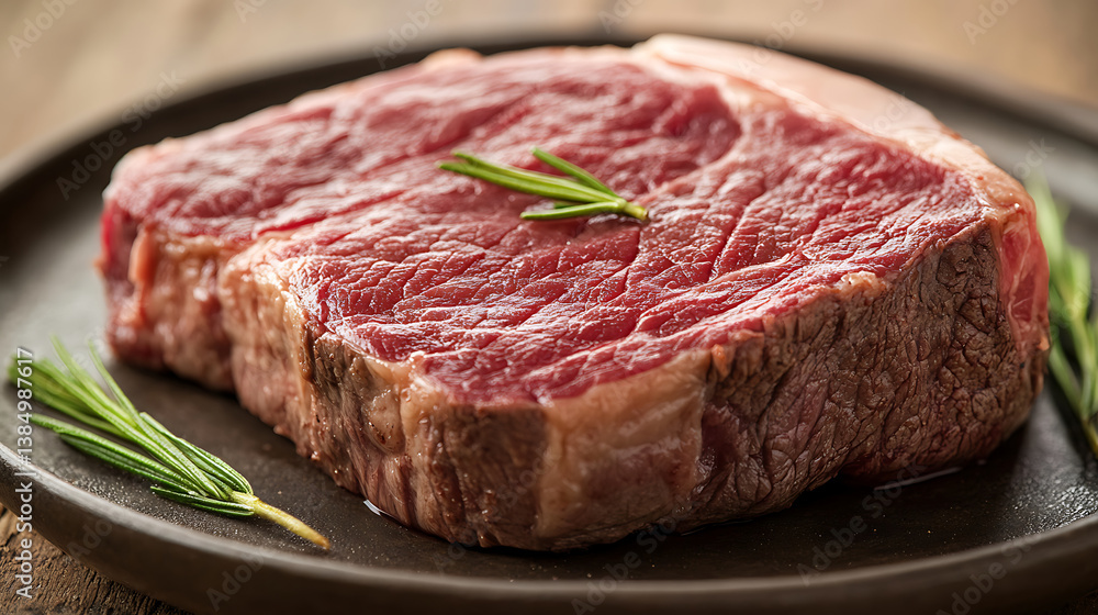 Fresh beef steak on dark plate garnished with rosemary, showcasing its rich red color and marbling. This high quality cut is perfect for grilling or roasting, evoking sense of culinary delight Fresh beef steak on dark plate garnished with rosemary, showcasing its rich red color and marbling. This high quality cut is perfect for grilling or roasting, evoking sense of culinary delight