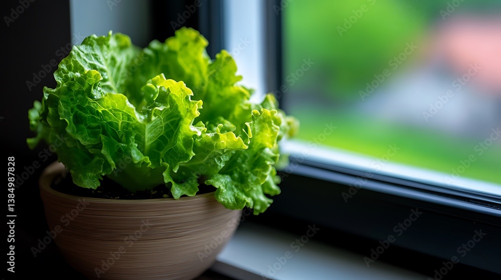 Fresh Lettuce in Pot on Windowsill with Green Garden View. Fresh Lettuce in Pot on Windowsill with Green Garden View.