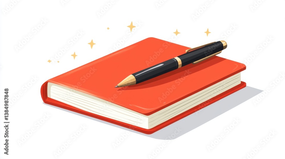 vector cartoon of a notebook with cover image of pen with magic effect, isolated clear white background vector cartoon of a notebook with cover image of pen with magic effect, isolated clear white background