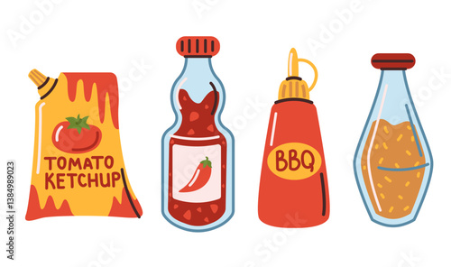 A set of bottles with barbecue sauces. Ketchup, chili and mustard. Vector illustration in flat style isolated on a white background