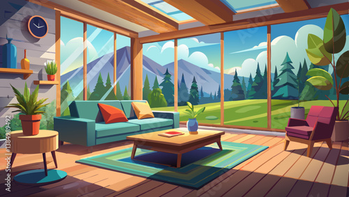 Living room in home and nature view - Relax area in living room and forest view background - Interior minimal design for residential artwork - 3D