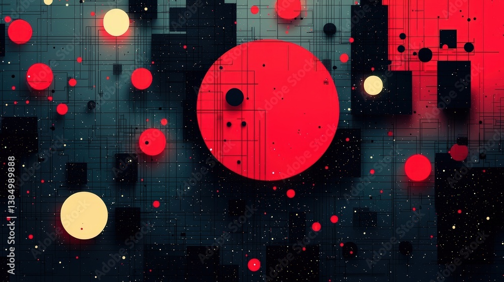 Obraz premium Abstract Geometric Design Featuring Red and Yellow Circles Over Dark Background with Grids