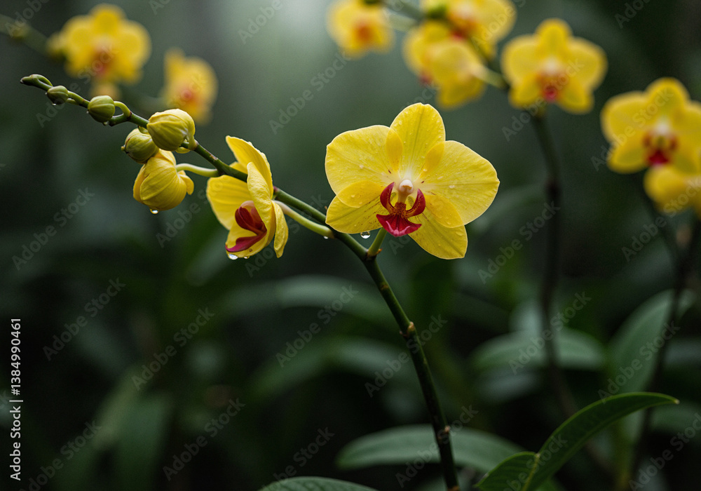 Yellow orchids blooming with dew in a lush green background Yellow orchids blooming with dew in a lush green background