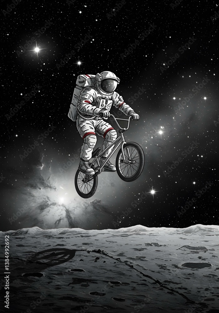 Fototapeta premium Astronaut riding BMX bike on the moon under galaxy sky