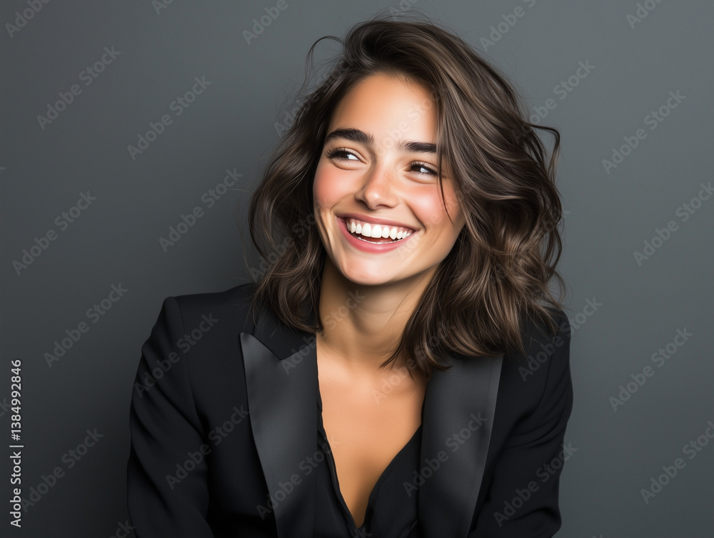 Young businesswoman smiling and looking away on gray background Young businesswoman smiling and looking away on gray background