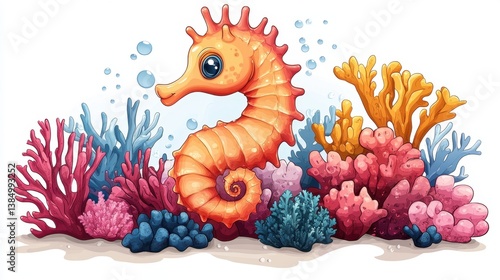 cartoon of a seahorse around of coral, isolated clear white background