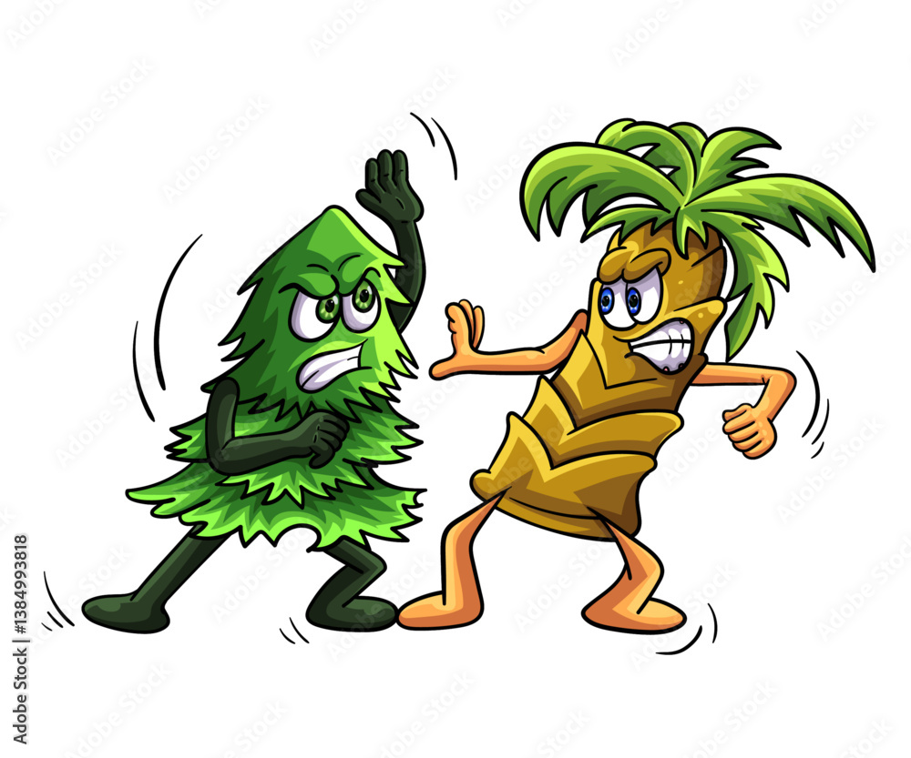Spruce tree fighting/boxing palm tree hand drawn cartoon illustration design Spruce tree fighting/boxing palm tree hand drawn cartoon illustration design