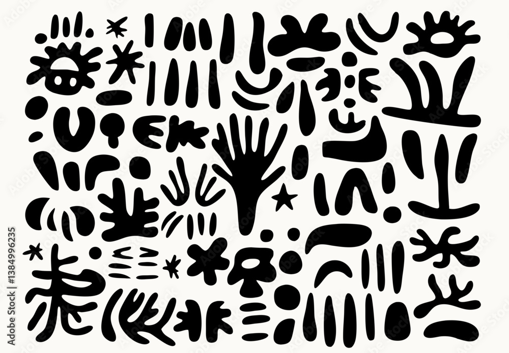 Abstract Black Ink Shapes: An artistic arrangement of black ink shapes on a neutral backdrop, inviting interpretation and stimulating the imagination. Abstract Black Ink Shapes: An artistic arrangement of black ink shapes on a neutral backdrop, inviting interpretation and stimulating the imagination.
