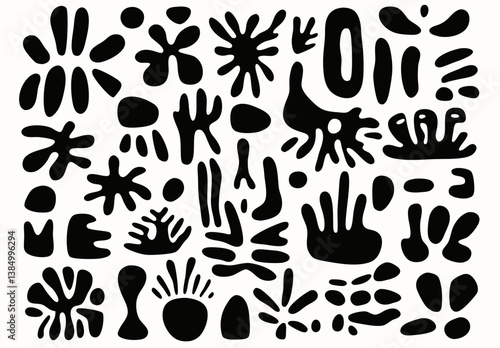 Abstract Shape Pattern: A captivating black and white pattern of organic shapes. The arrangement creates visual intrigue and dynamic contrast, suitable for designs and backgrounds. 