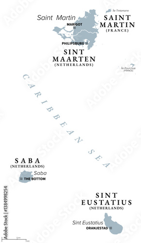 Saint Martin, Sint Eustatius and Saba, gray political map. SSS Islands, also Windward Islands, a group of islands located within the Leeward Islands group of the  Lesser Antilles in the Caribbean Sea.