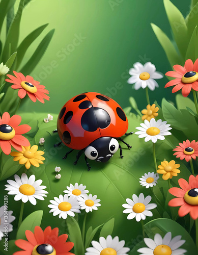 Cute ladybug sitting on a green leaf surrounded by colorful flowers