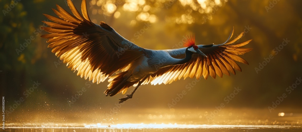Obraz premium Sarus Crane in flight over golden sunrise water.