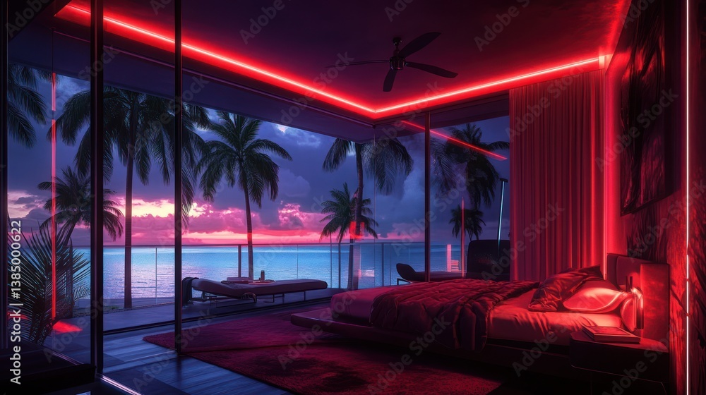 Modern tropical bedroom with ocean view, red neon lights Modern tropical bedroom with ocean view, red neon lights