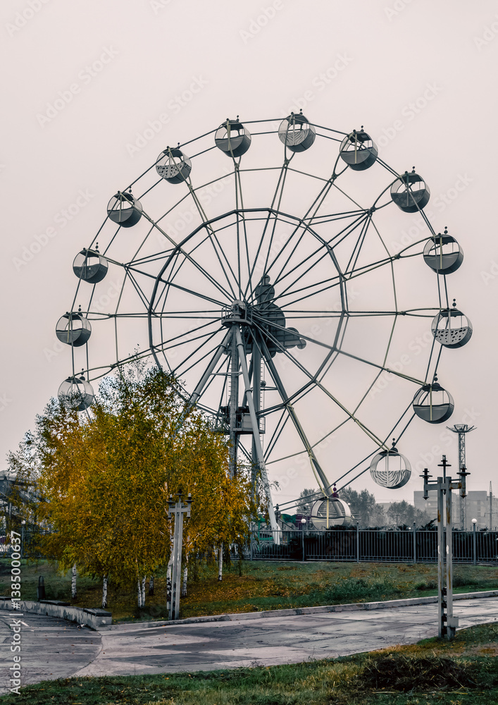 Attraction Ferris wheel with bright yellow autumn tree against the gray sky Attraction Ferris wheel with bright yellow autumn tree against the gray sky