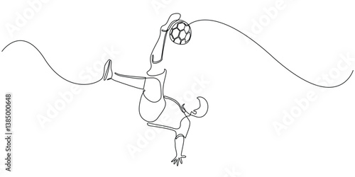 one continuous line drawing of soccer player's overhead kick.one line drawing of kicking the ball with acrobatics.single line vector illustration
