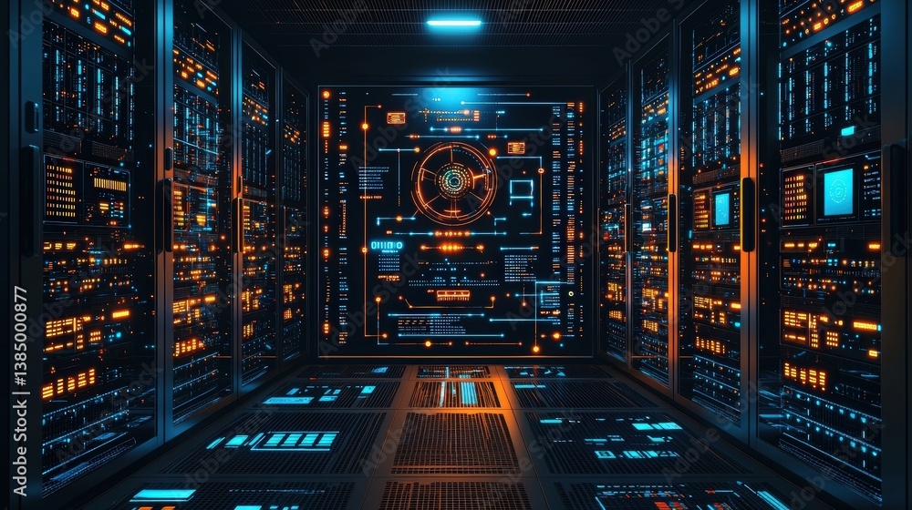 Naklejka premium High-Tech Data Center with Orange and Blue Light Displaying Complex Digital Interfaces