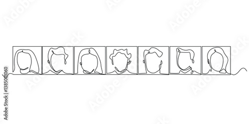 one continuous line drawing of a man and woman's face in a box.one line drawing of multiracial people.single line drawing of people of various skin colors.
