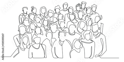 one continuous line drawing of a group of people.one line drawing of people crowded together.single line drawing of people of various races and skin colors.