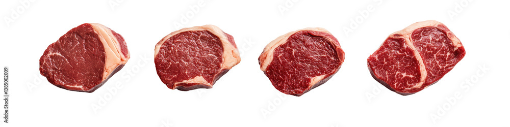 A selection of raw, marbled beef steaks displaying rich red meat and white fat, showcasing quality cuts suitable for cooking.