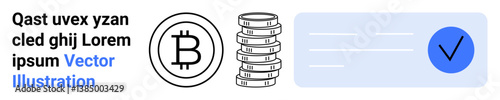 Bitcoin logo, coin stack, blue checkmark symbolize digital currency, safe online payment, cryptocurrency success. Ideal for finance, blockchain, trade, technology investment fintech simple landing