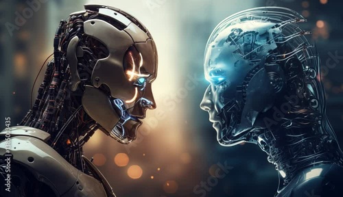 Close-up of Eye contact between two humanoid robots. Face to face. Side view.