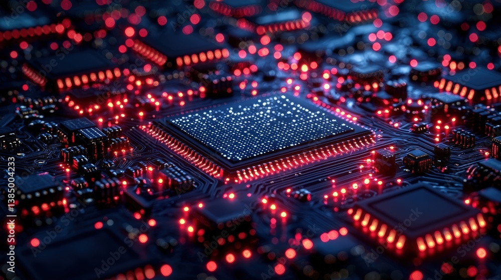 High-Tech Circuit Board with Glowing Red Lights and Microchips for Technology Concepts High-Tech Circuit Board with Glowing Red Lights and Microchips for Technology Concepts
