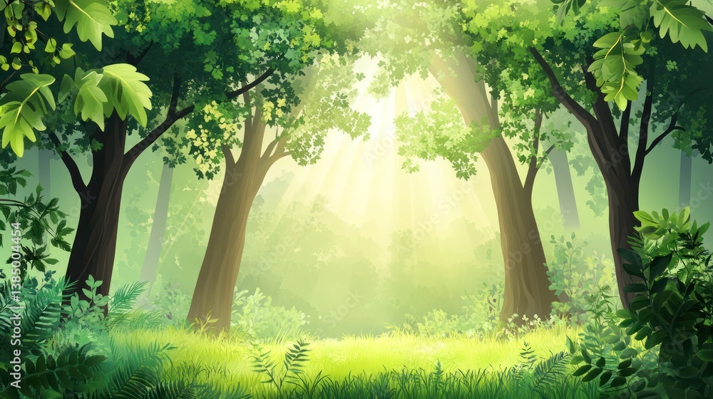 Sunlight streams through lush forest canopy. Possible use Nature background Sunlight streams through lush forest canopy. Possible use Nature background