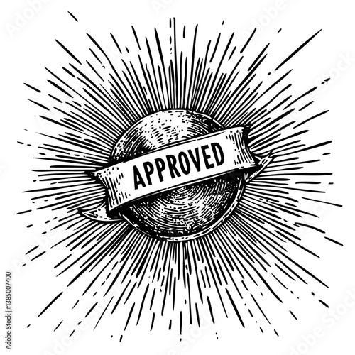 Seal of approval with ribbon and text "Approved", black and white engraving vintage illustration