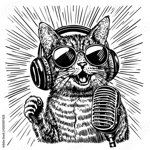 Cat in sunglasses and headphones singing with microphone, singer in karaoke, black and white engraving vintage illustration