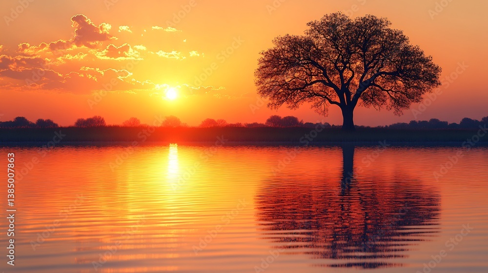 Fototapeta premium Sunrise over Calm Water with Silhouetted Tree.
