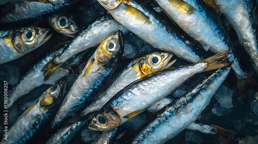 Obraz premium Fresh sardines on ice, showcasing their shiny scales and vibrant colors. These small fish are often used in various culinary dishes, highlighting their rich flavor and nutritional benefits