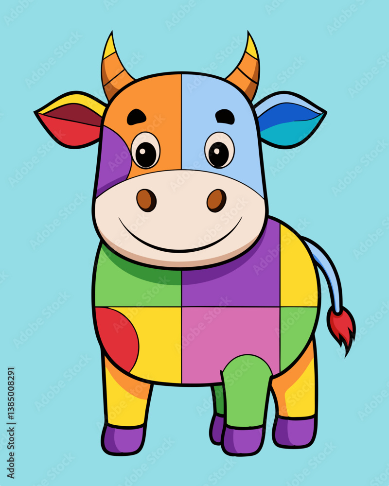 Fototapeta premium Colorful Patchwork Cartoon Cow Illustration for Kids and Art Lovers.