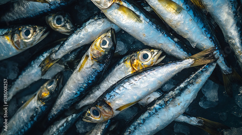 Fresh sardines on ice, showcasing their shiny scales and vibrant colors. These small fish are often used in various culinary dishes, highlighting their rich flavor and nutritional benefits