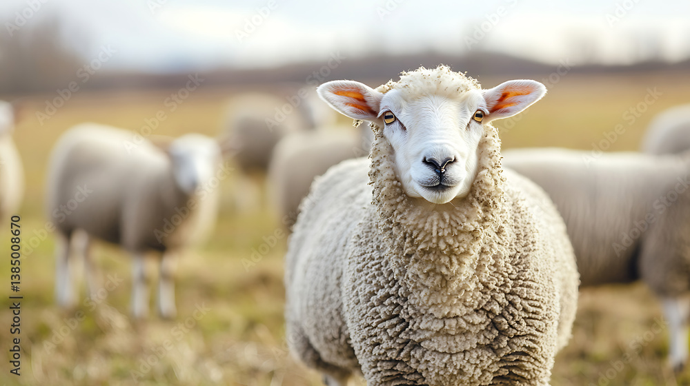 Obraz premium Fluffy sheep grazing in serene pasture, showcasing their woolly coats and calm demeanor, embodying essence of rural life and natural beauty