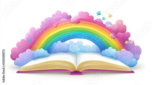 book with beatifull rainbow and cloud effect, isolated clear white background