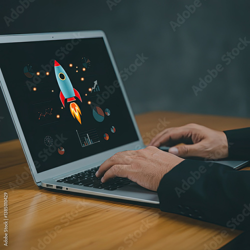 Wallpaper Mural concept for a startup firm, To quickly launch their business, entrepreneurs utilise laptops with virtual screens that display rocket icons and up arrows. Business success and strategic planning	 Torontodigital.ca