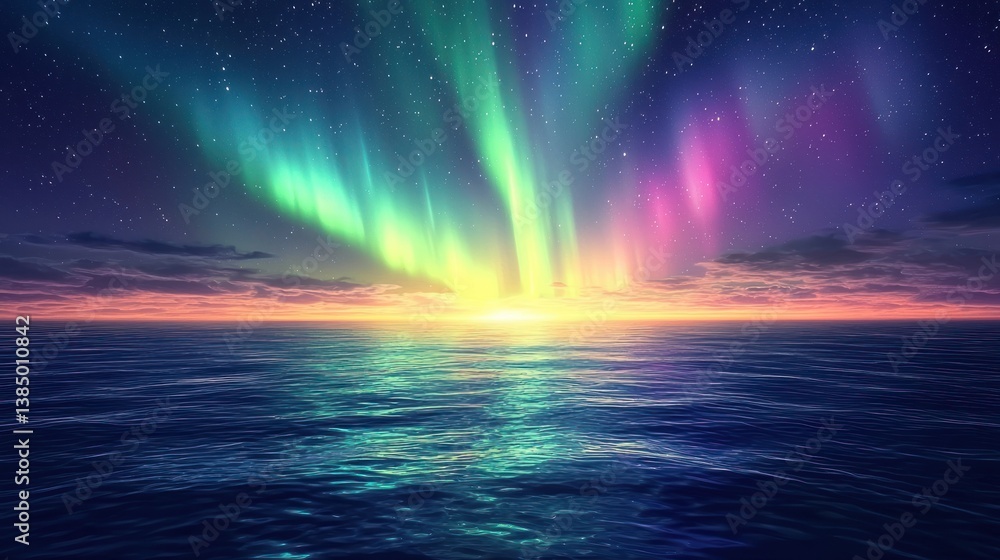Naklejka premium Spectacular aurora borealis display over the ocean at night scenery