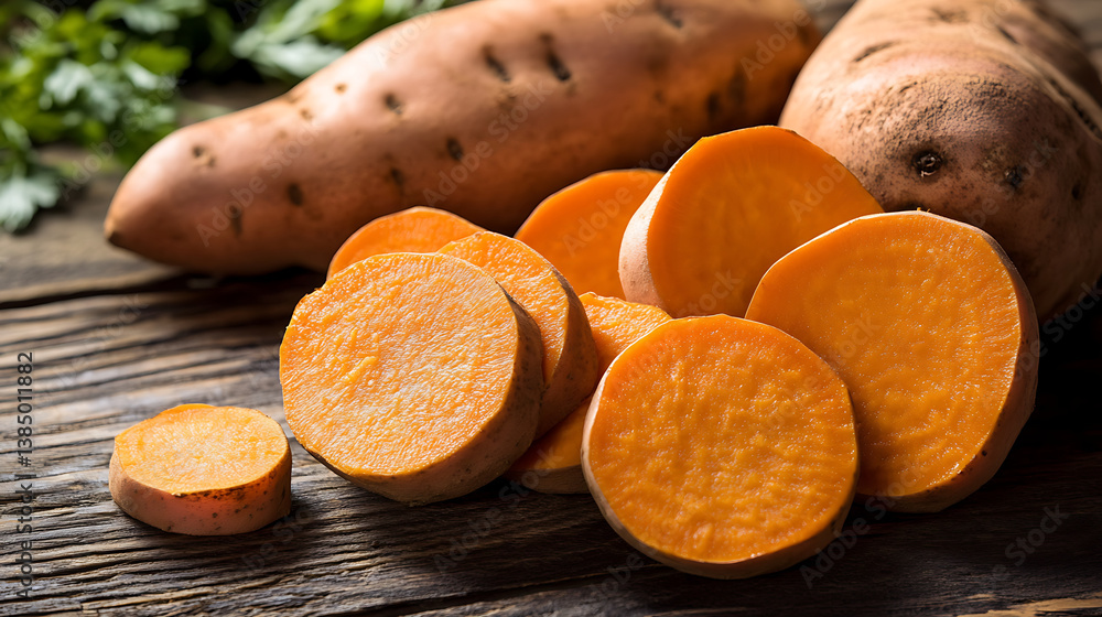 Fresh sweet potatoes are displayed rustic wooden surface, showcasing their vibrant orange flesh. natural beauty of these root vegetables is enhanced by surrounding greenery, evoking sense Fresh sweet potatoes are displayed rustic wooden surface, showcasing their vibrant orange flesh. natural beauty of these root vegetables is enhanced by surrounding greenery, evoking sense