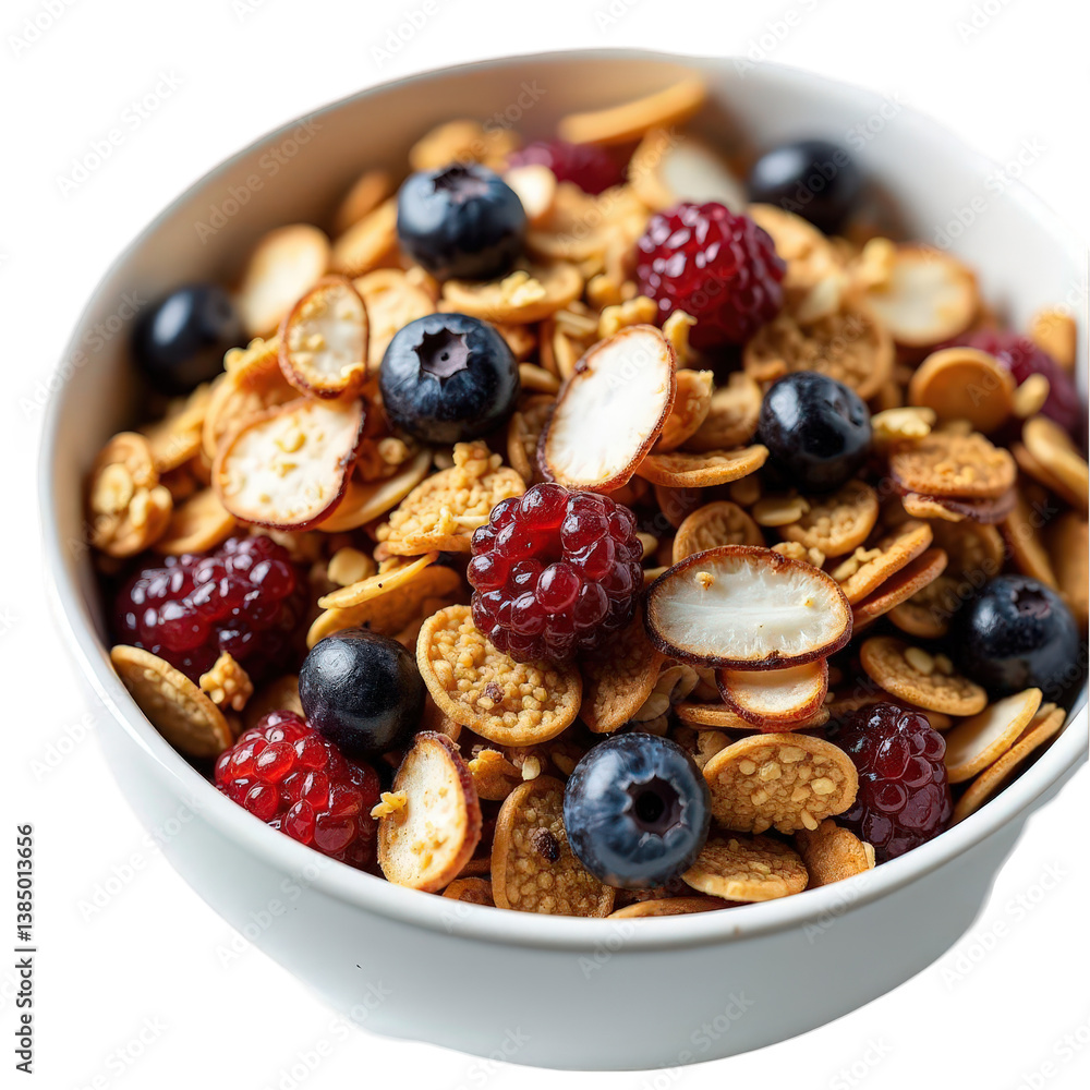 Fototapeta premium Close up of a white bowl filled with cereal blueberries raspberries and sliced almonds for a healthy breakfast