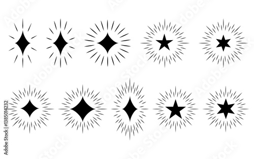 輝く星を表現したシンプルなイラストセット。