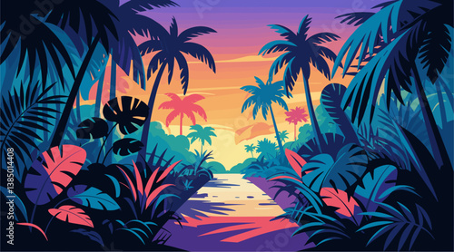 Dramatic landscape with tropical forest with palm trees and a river. The sky is orange and pink. Colorful vector art illustration