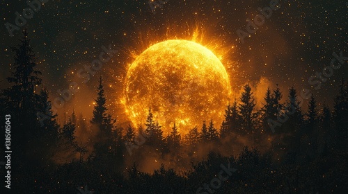 Glowing Sun Rising Behind Dense Forest in Mystical Night Landscape with Sparkling Stars